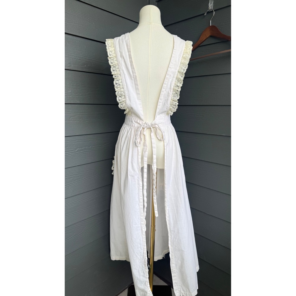 Handmade White Linen Cottagecore Prairie Apron Dress Lace Open Back One Size - Picture 3 of 10